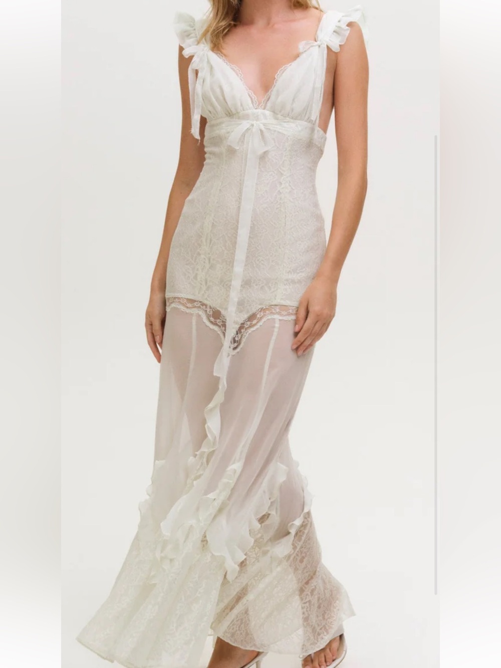 For Love & Lemons Ivory Sheer Lace Ruffle Slip Dress